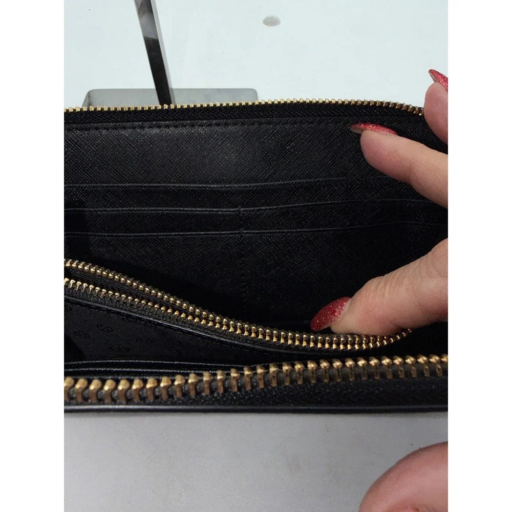 Tory Burch Black Saffiano Leather Perforated Zip Around Continental Wallet